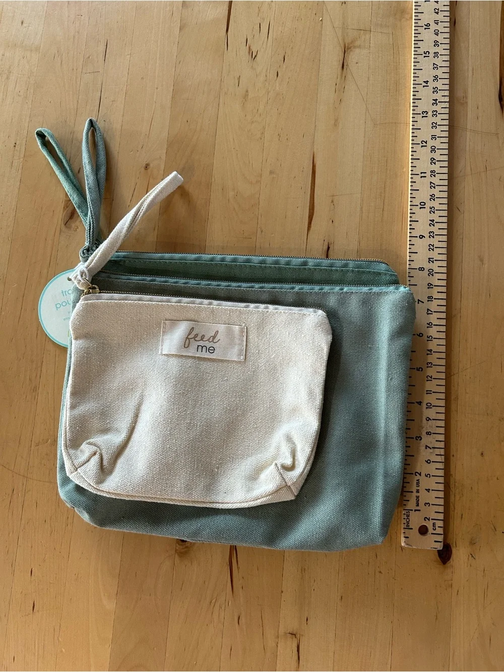 Pearhead 3-Piece Canvas Travel Pouch Set Sage Green Cream NWT